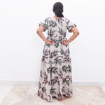 Cream Long Frock Frock Leaf Print with Back Tie Rope - Mangai Nighties