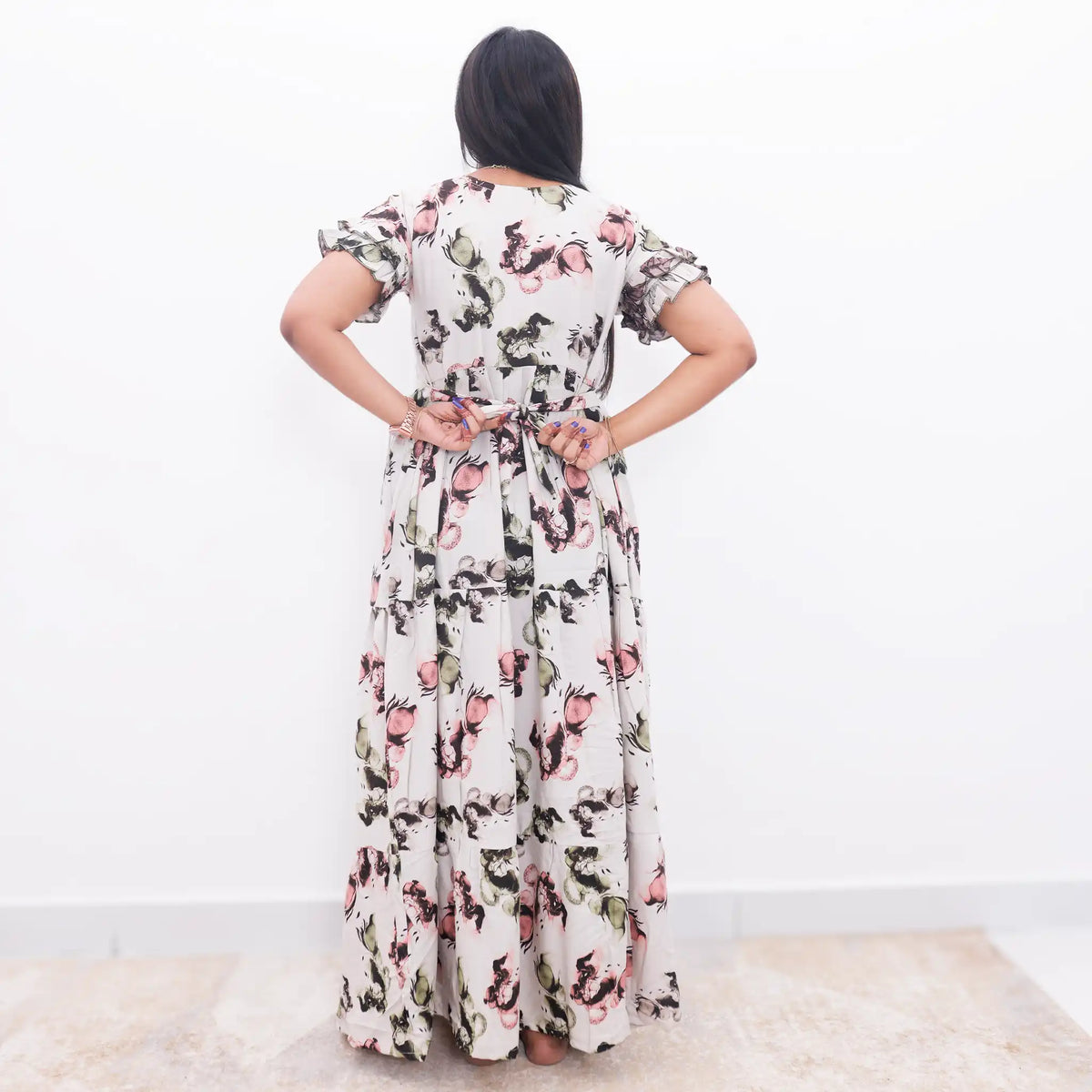 Cream Long Frock with Back Tie Rope & Pocket - Mangai Nighties