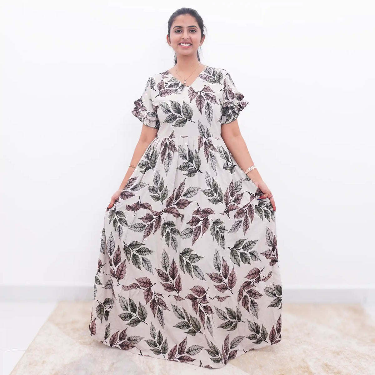 Cream Rayon Flared Long Frock Leaf Print's for women - Mangai Nighties