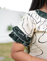 Cream with green Printed Long Frock Double layer Frilled Sleeve Casual Wear - Mangai Nighties