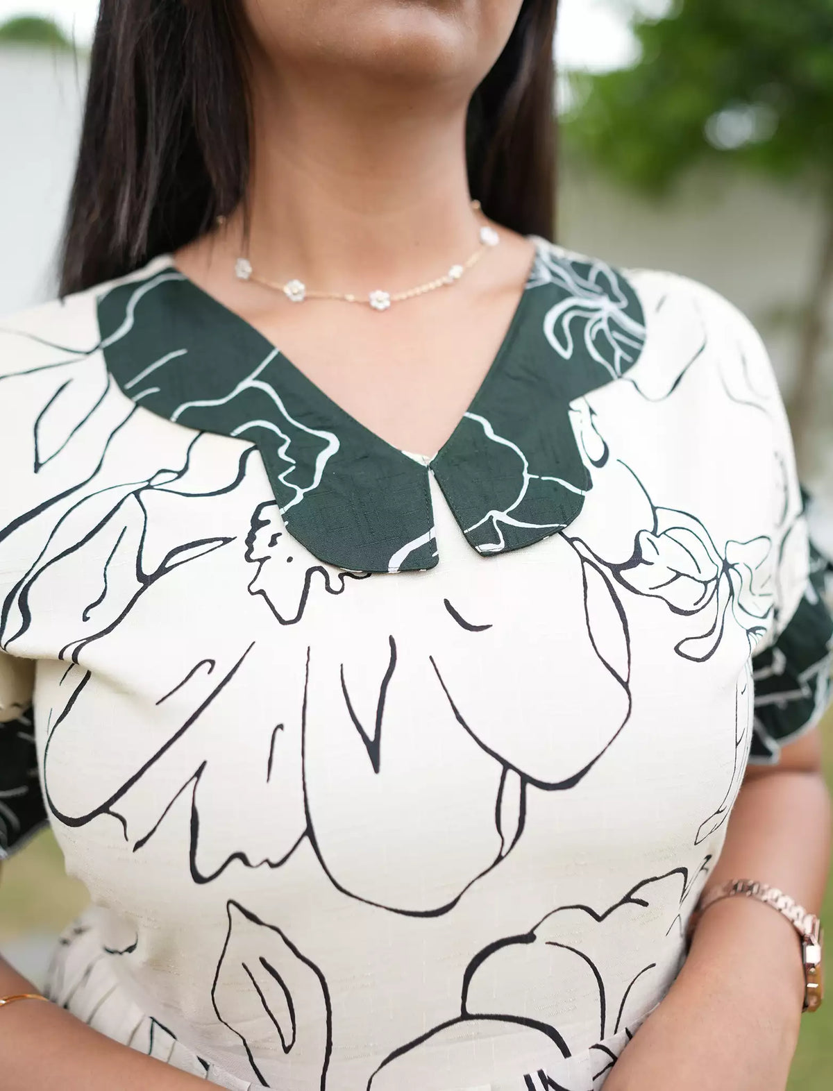 Butterfly Collar cream with green Lounge Frock with Tie Back - Mangai Nighties