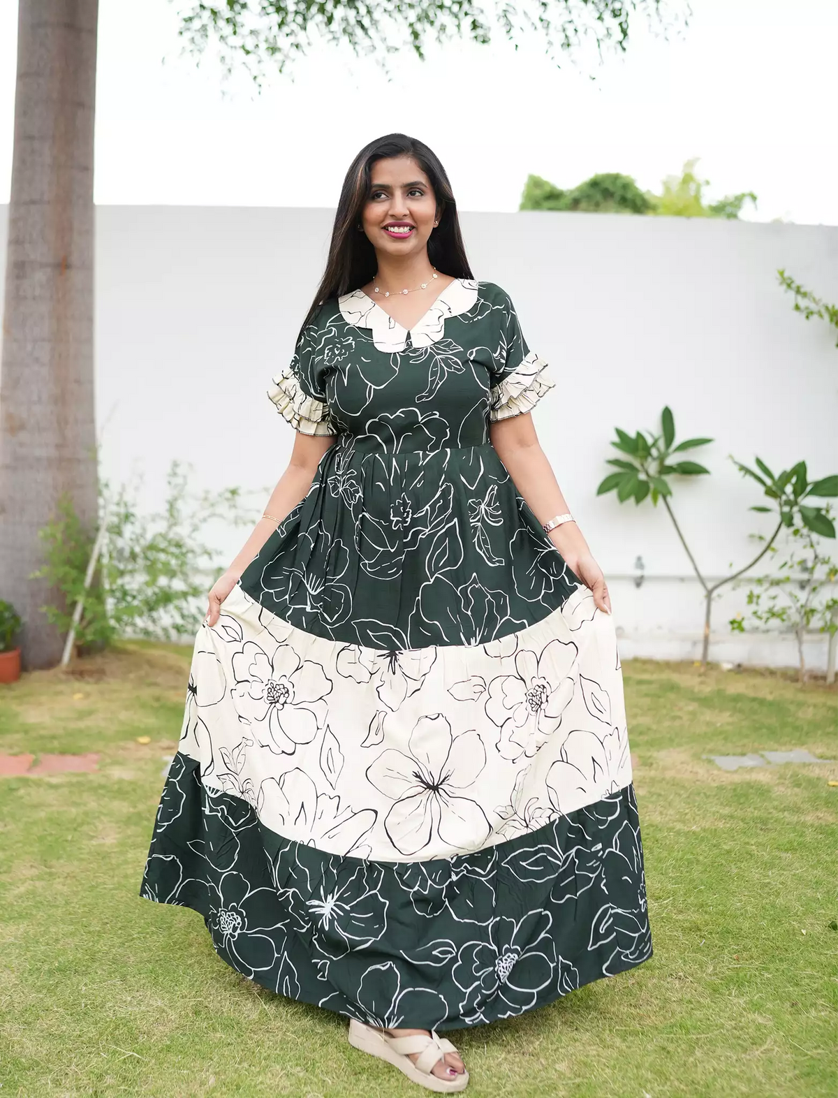 Green with cream Rayon Long Frock Butterfly Neck & Tie Rope for Women - Mangai Nighties