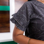 Women's Grey Geometric Print Rayon Maxi Dress with Tiered Ruffle Sleeves - Mangai Nighties