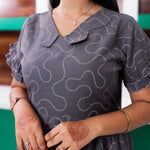Grey Geometric Printed Rayon Long Flared Frock with Peter Pan Collar – Mangai Nighties