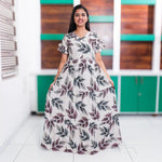 Ivory White Rayon Long Frock Leaf Print's - Mangai Nighties