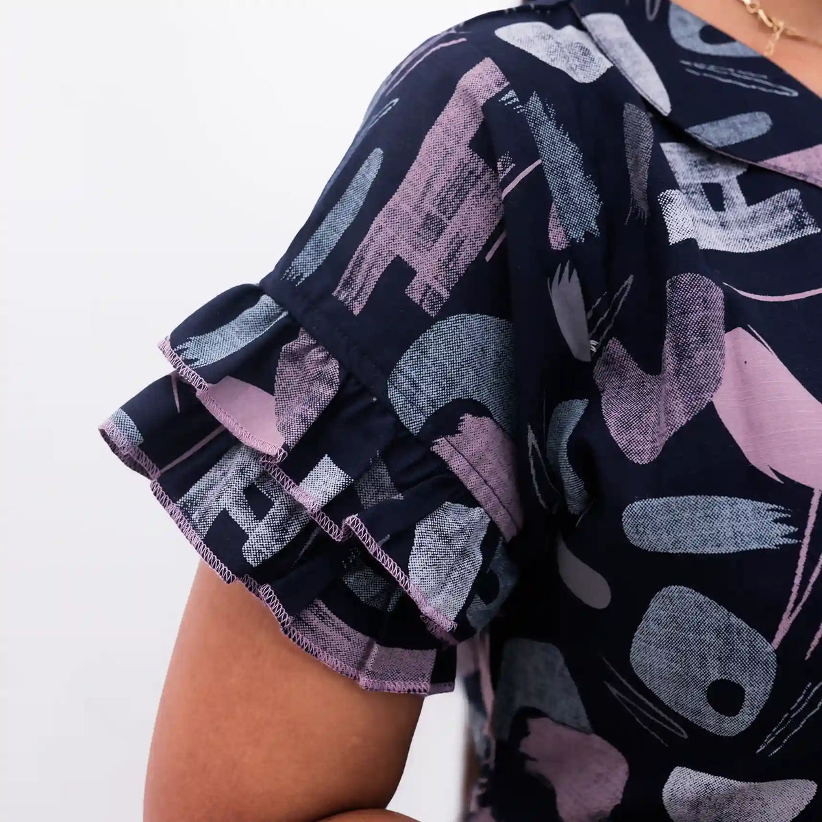 Navy Abstract Printed Lounge Frock Frilled Sleeve - Mangai Nighties
