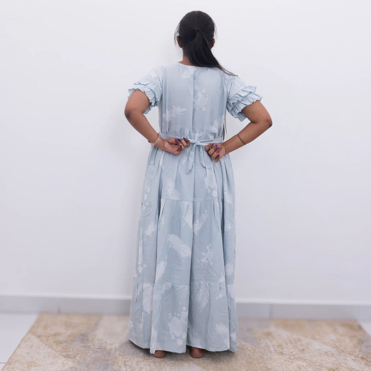 Blue Rayon Long Frock Back Tie Rope & Side Pocket - Mangai Nighties