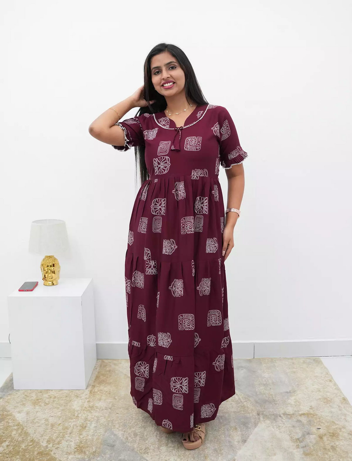 Casual Maroon Printed Long Frock with Bow Neck Side View - Mangai Nighties