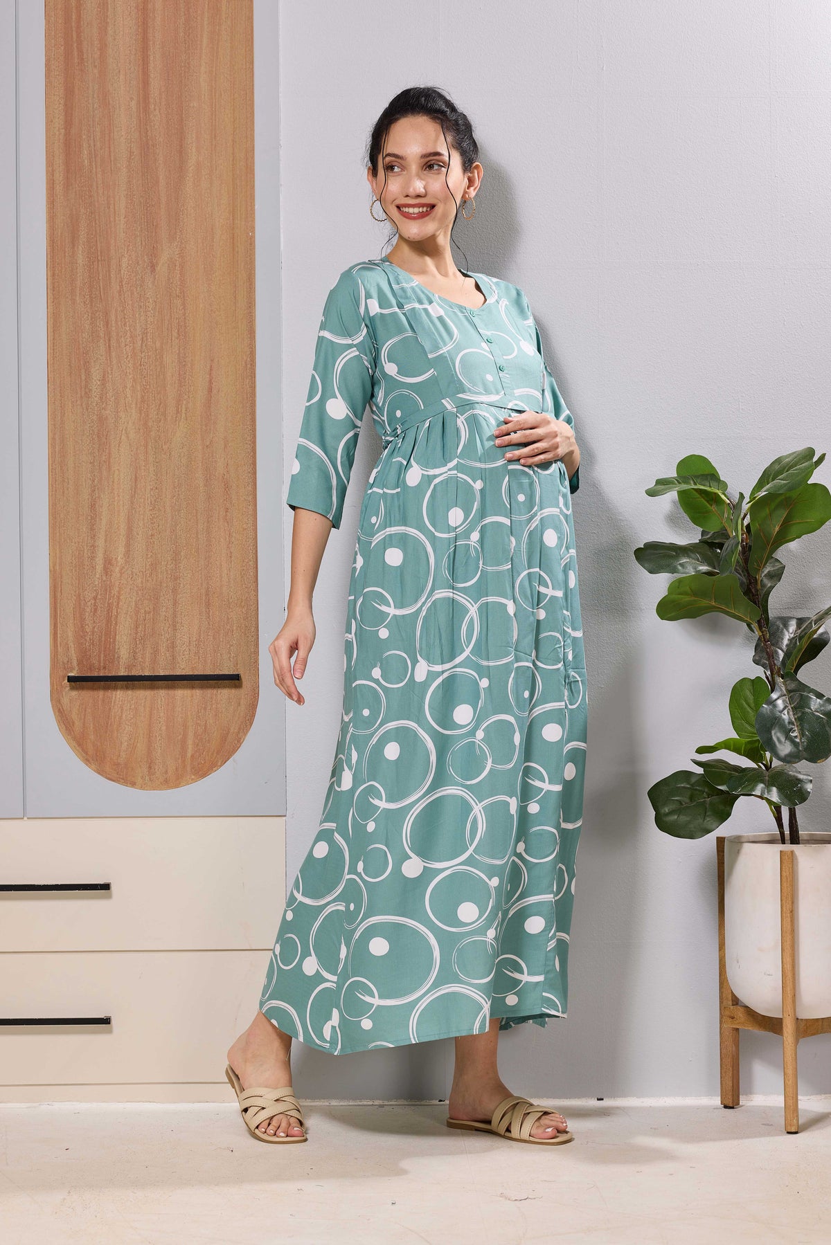 Nursing-Friendly Maternity Long Dress with Invisible Feeding Zippers - Mangai Nighties