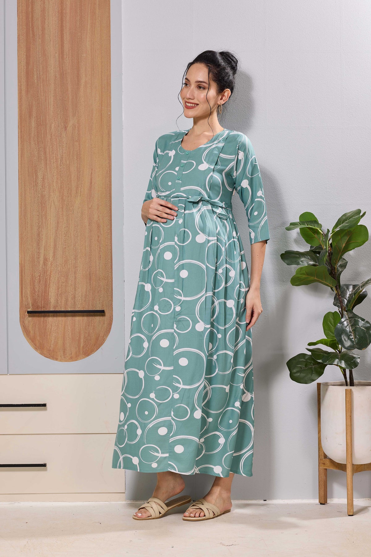 Maternity & Feeding Long Frock with Adjustable Waist & Pockets - Mangai Nighties