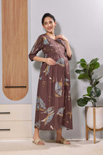 Brown maternity long frock with hidden feeding zip and back tie rope - Mangai Nighties