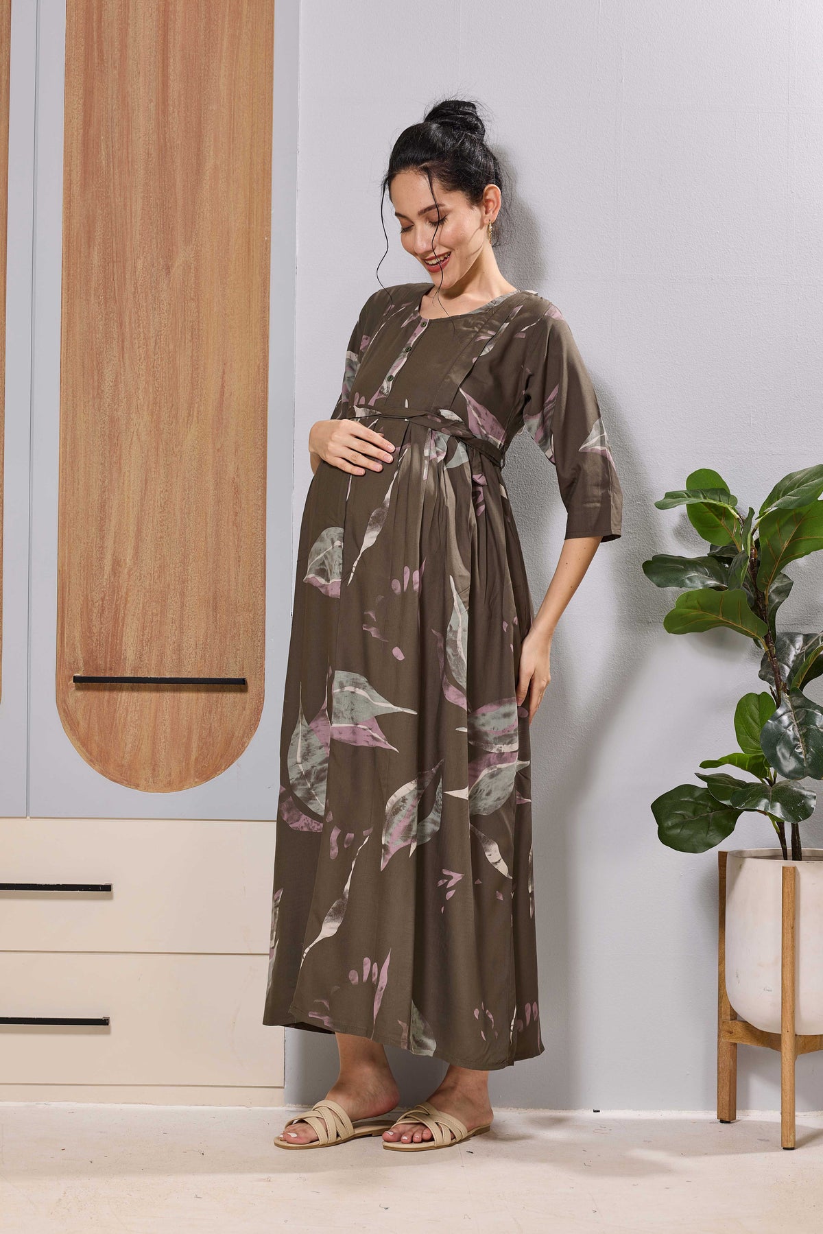 Olive nursing-friendly maternity dress with concealed zipper access - Mangai Nighties