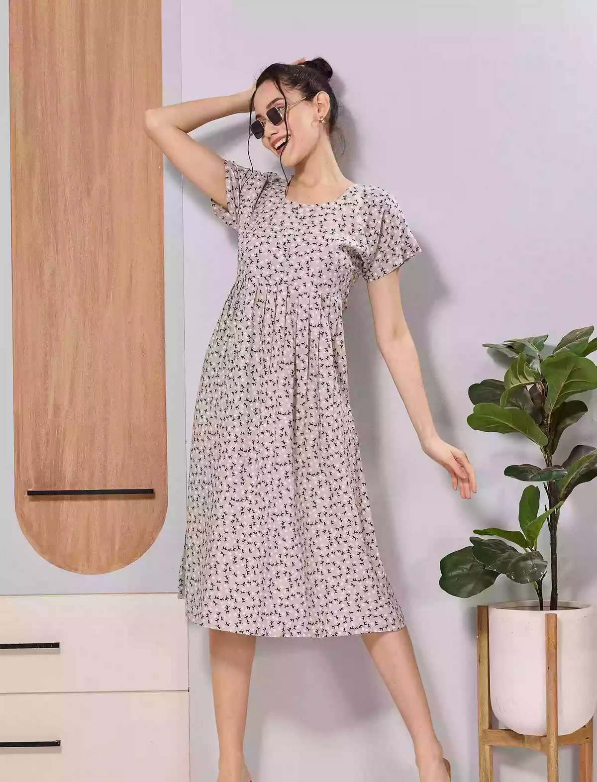Lavender Tiny Floral Print Soft Rayon Casual Front Button Maxi Dress - Mangai Nighties