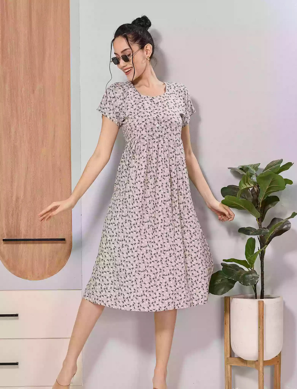 Lavender Tiny Floral Print Soft Rayon Casual Front Button Maxi Dress - Mangai Nighties