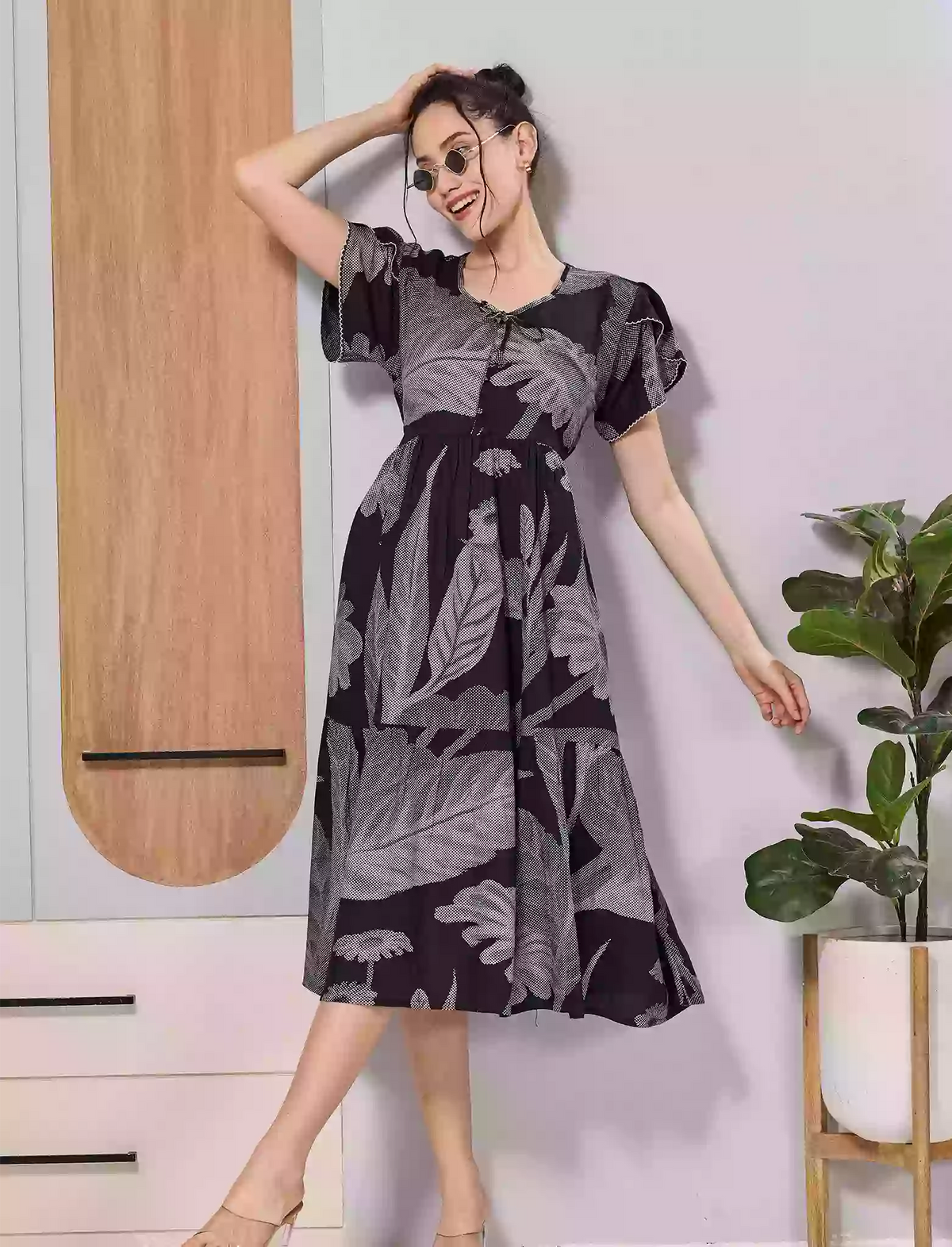 Mangai Nighties Black Floral Print Rayon Flared Zipless Maxi - Mangai Nighties