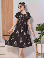 Brown Floral Print Soft Rayon Casual Maxi Frock with Side Pocket - Mangai Nighties