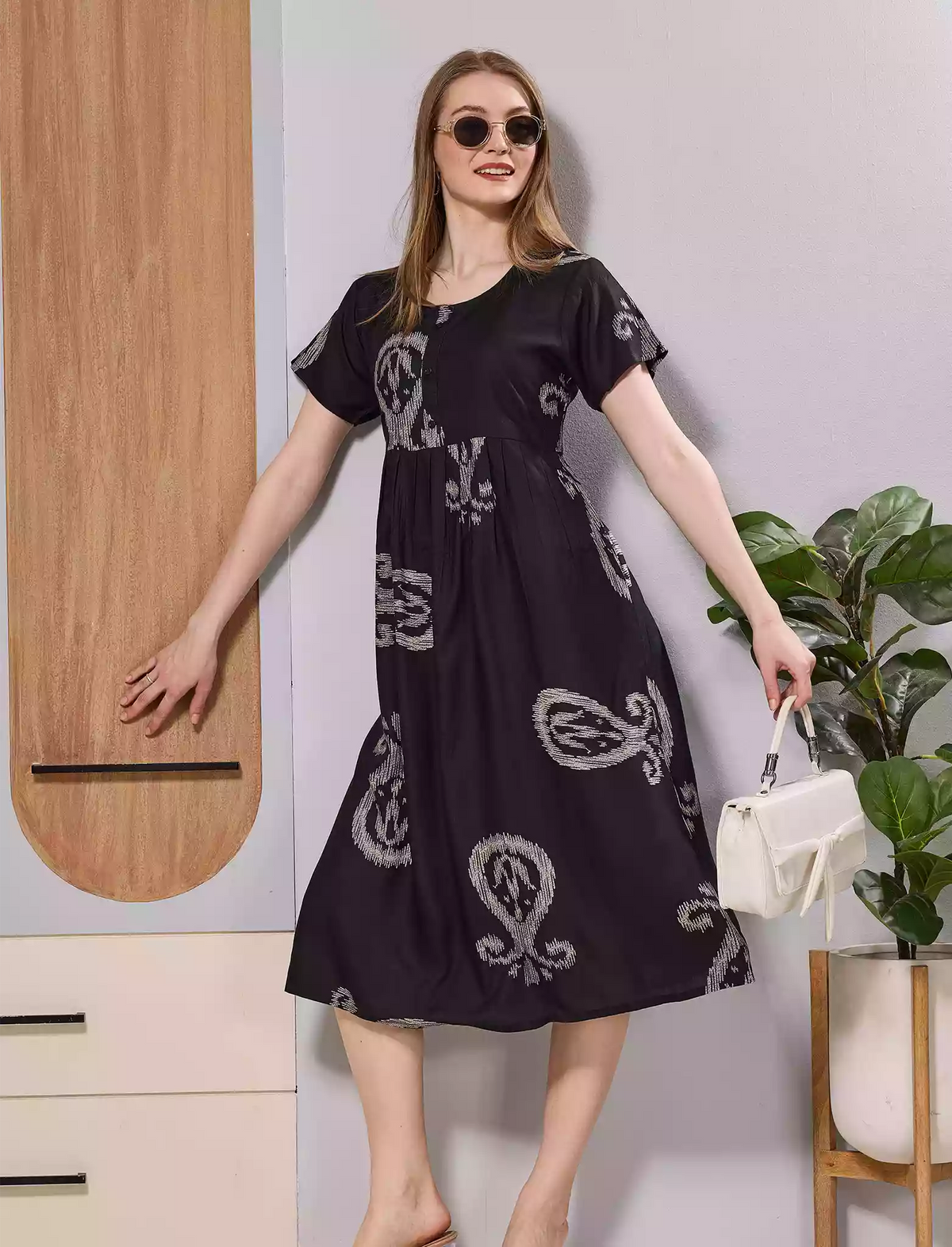Black Paisley Print Rayon Maxi Frock with Front Button & Side Pocket - Mangai Nighties