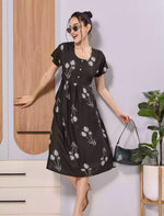 Brown Floral Print Soft Rayon Casual Maxi Frock with Side Pocket - Mangai Nighties