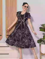 Black Floral Print Petal Sleeve Rayon Zipless Flared Maxi Dress