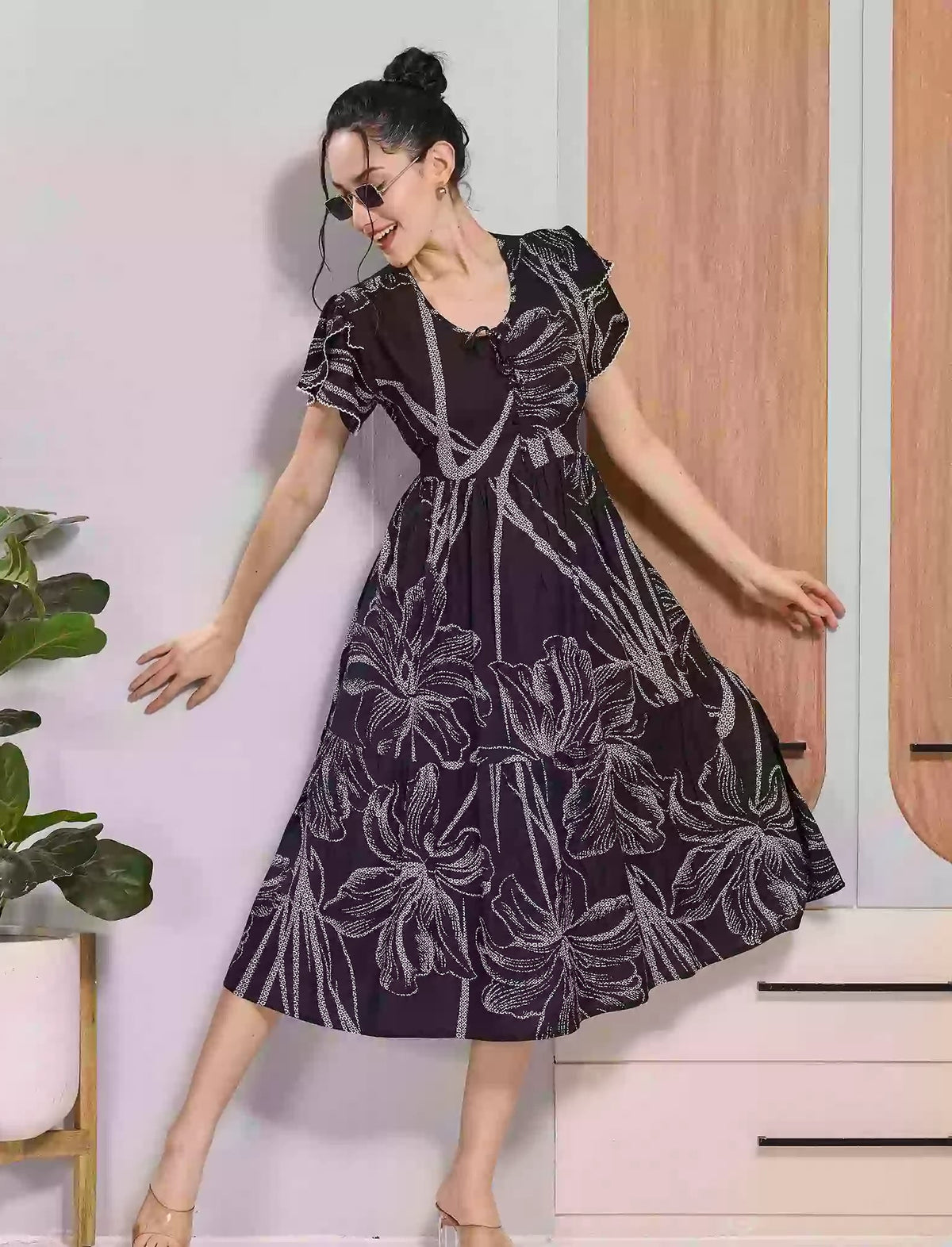 Mangai Nighties Black Floral Print Rayon Flared Zipless Maxi