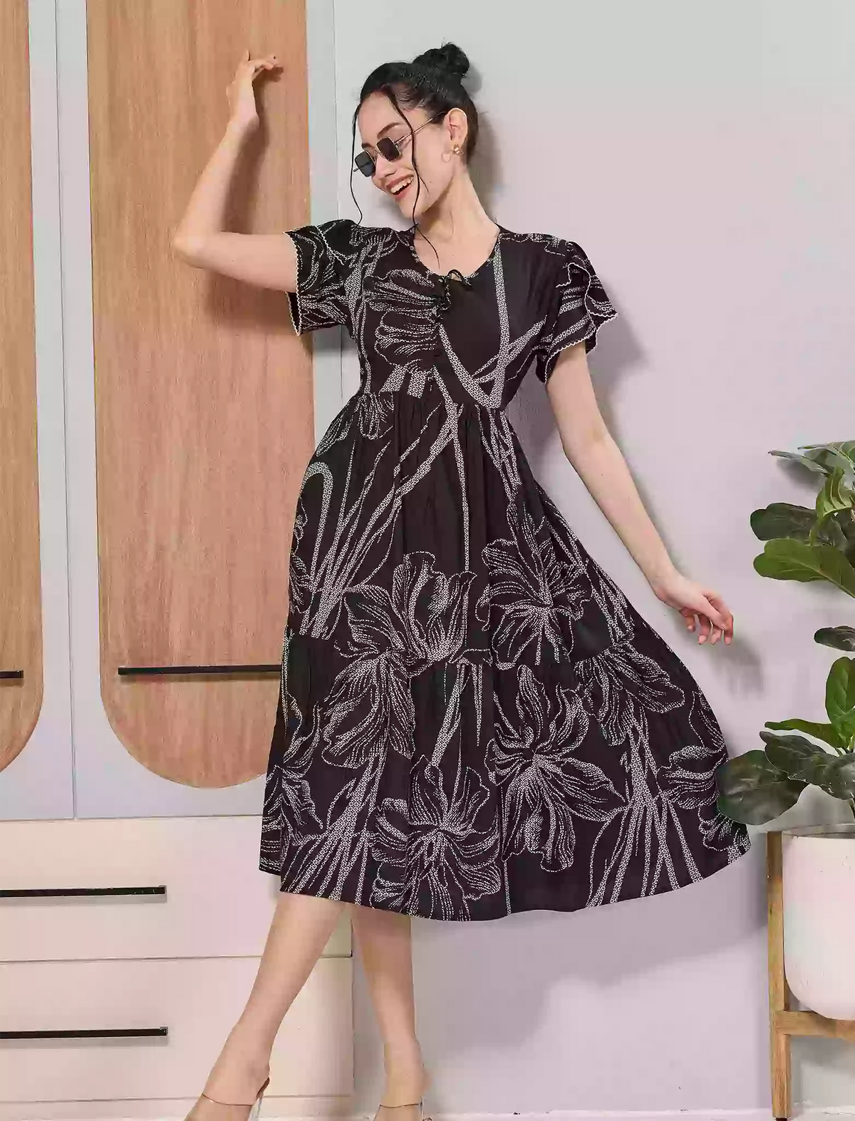 Black Floral Print Zipless Rayon Maxi Dress for Daily Wear - Mangai Nighties
