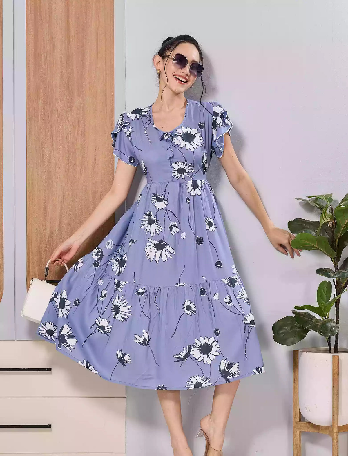 Lavender Blue Floral Print Petal Sleeve Rayon Maxi for Women