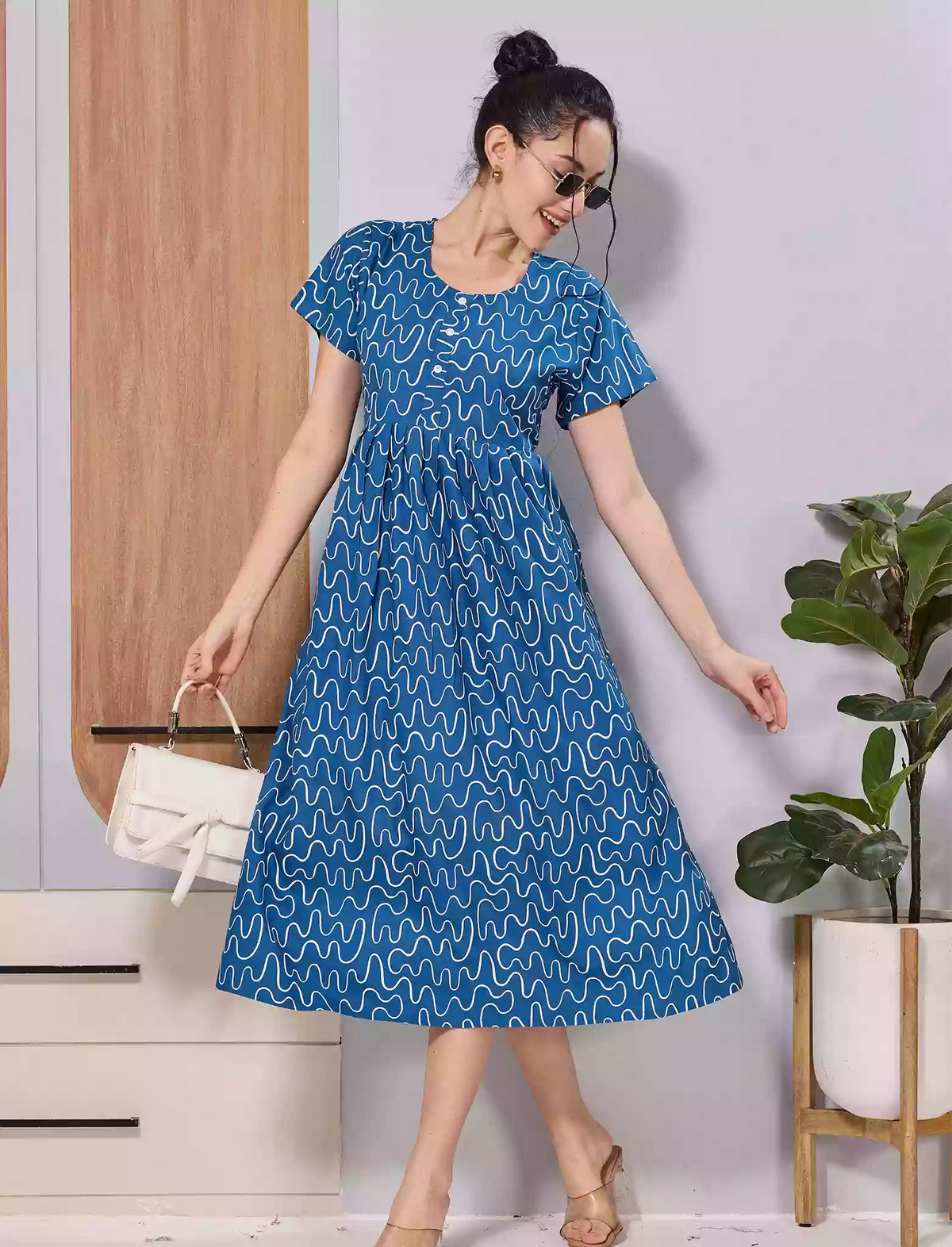 Royal Blue Soft Rayon Abstract Print Zipless Maxi Frock with Side Pocket - Mangai Nighties
