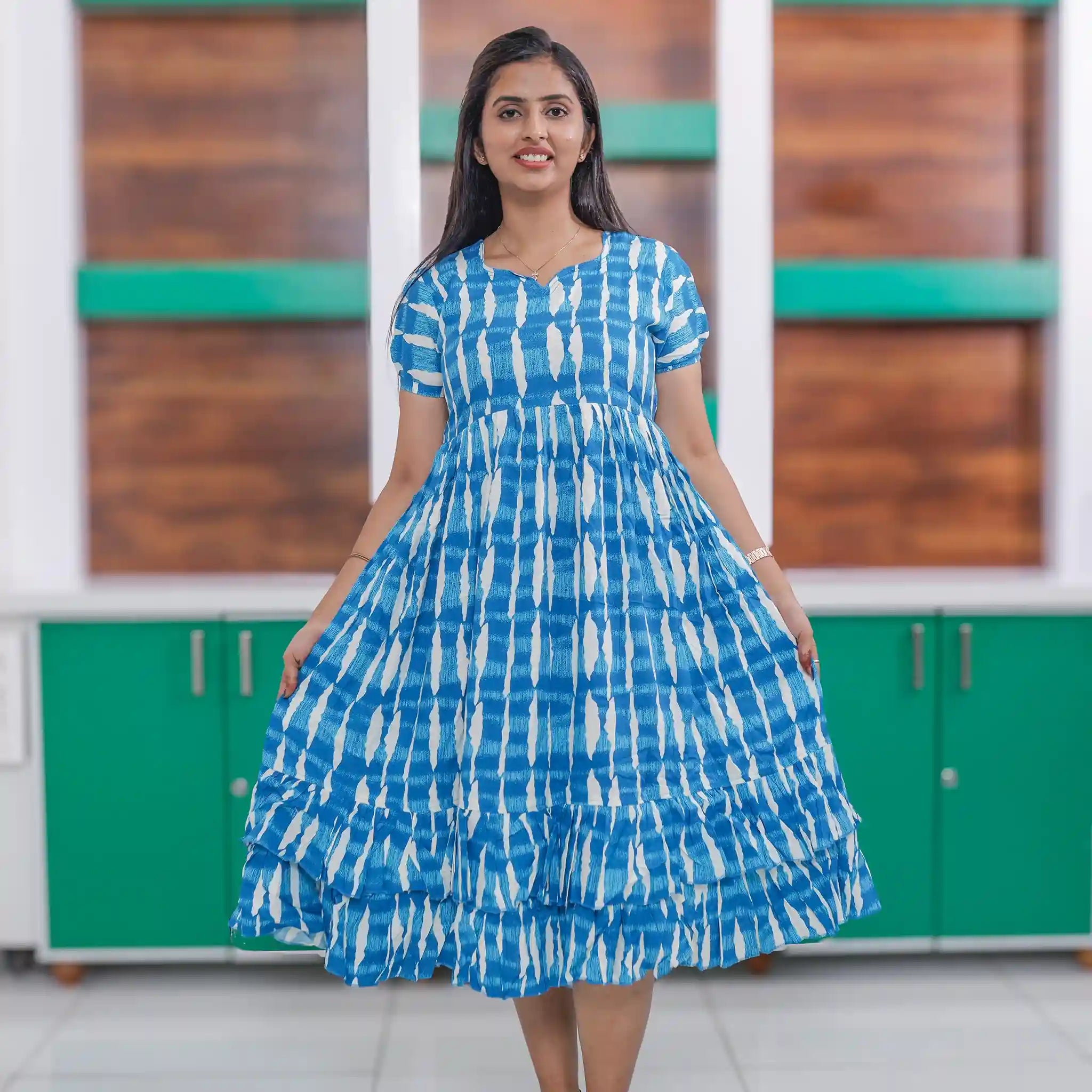 Blue Tie-Dye Rayon Maxi Frock with Frill Bottom