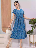 Royal Blue Soft Rayon Abstract Print Zipless Maxi Frock with Side Pocket - Mangai Nighties