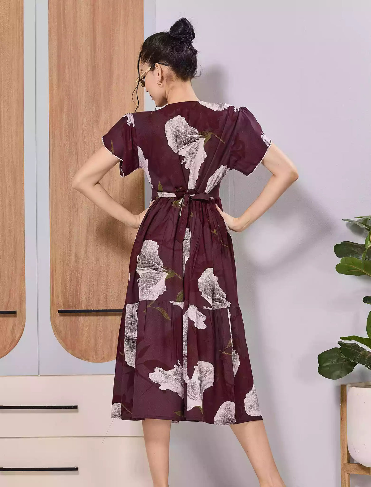 Brown Leaf Print Rayon Long Maxi with Adjustable Tie Rope