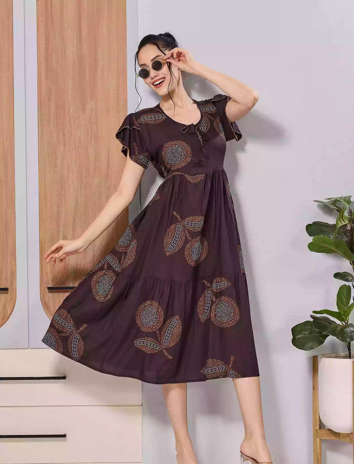 Brown Abstract Print Flared Rayon Maxi for Daily Wear