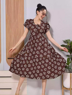 Brown Floral Print Petal Sleeve Rayon Maxi Frock for Women - Mangai Nighties