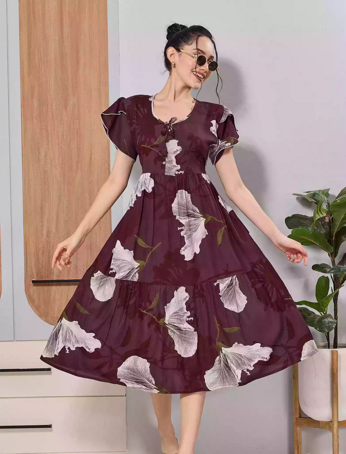 Brown Leaf Print Flared Rayon Maxi for Casual Daily Wear - Mangai Nighties