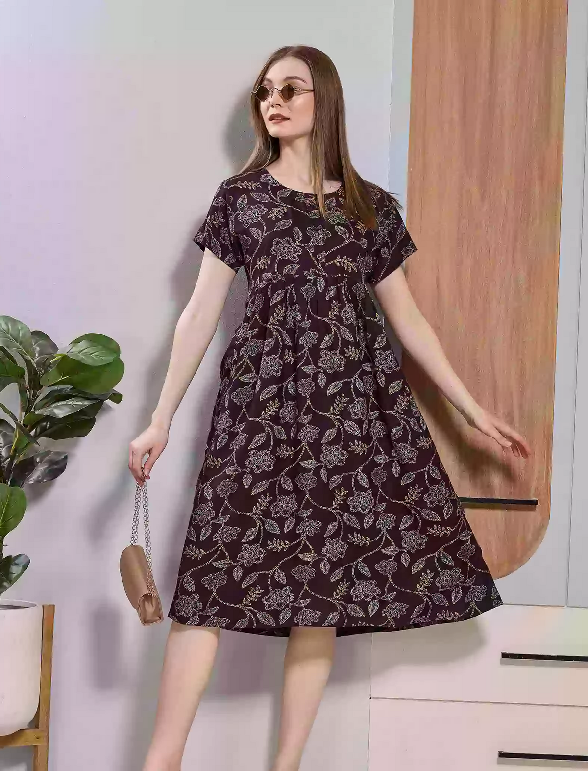 Brown Floral Print Rayon Maxi Frock | Front Button Side Pocket - Mangai Nighties