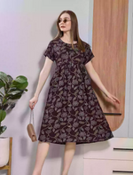 Brown Floral Print Rayon Maxi Frock | Front Button Side Pocket - Mangai Nighties