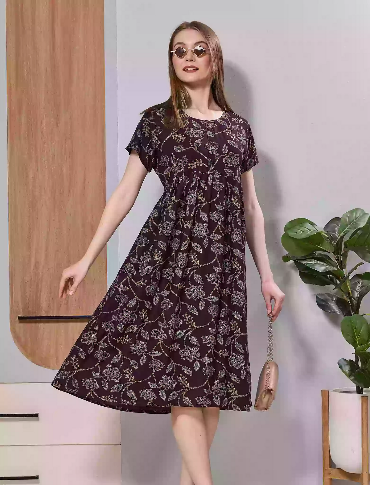 Brown Floral Print Rayon Maxi Frock | Front Button Side Pocket - Mangai Nighties