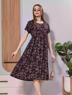 Brown Floral Print Rayon Maxi Frock | Front Button Side Pocket - Mangai Nighties