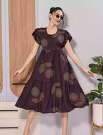 Brown Abstract Petal Sleeve Comfortable Rayon Maxi Dress