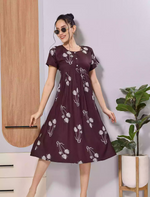 Brown Floral Print Soft Rayon Casual Maxi Frock with Side Pocket - Mangai Nighties