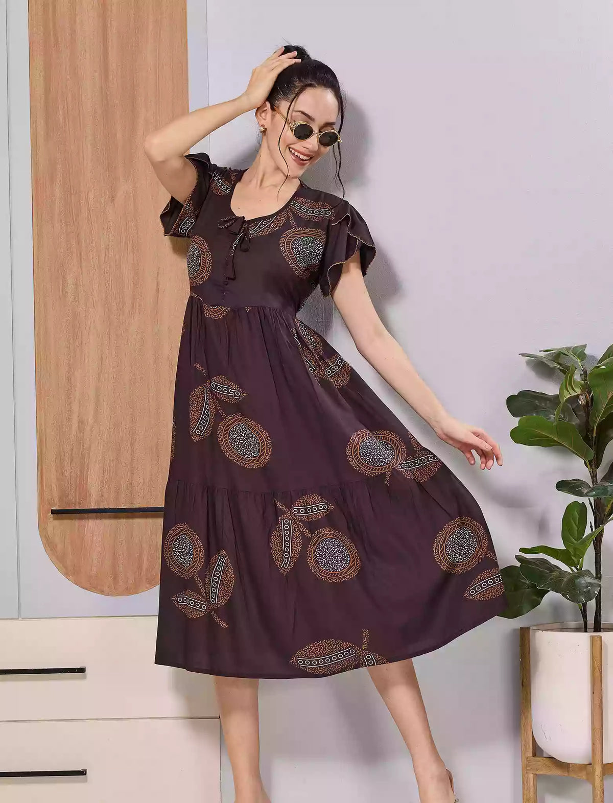 Brown Abstract Petal Sleeve Comfortable Rayon Maxi Dress