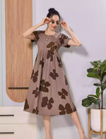 Coffee Brown Soft Rayon Floral Print Zipless Maxi Frock with Side Pocket - Mangai Nighties
