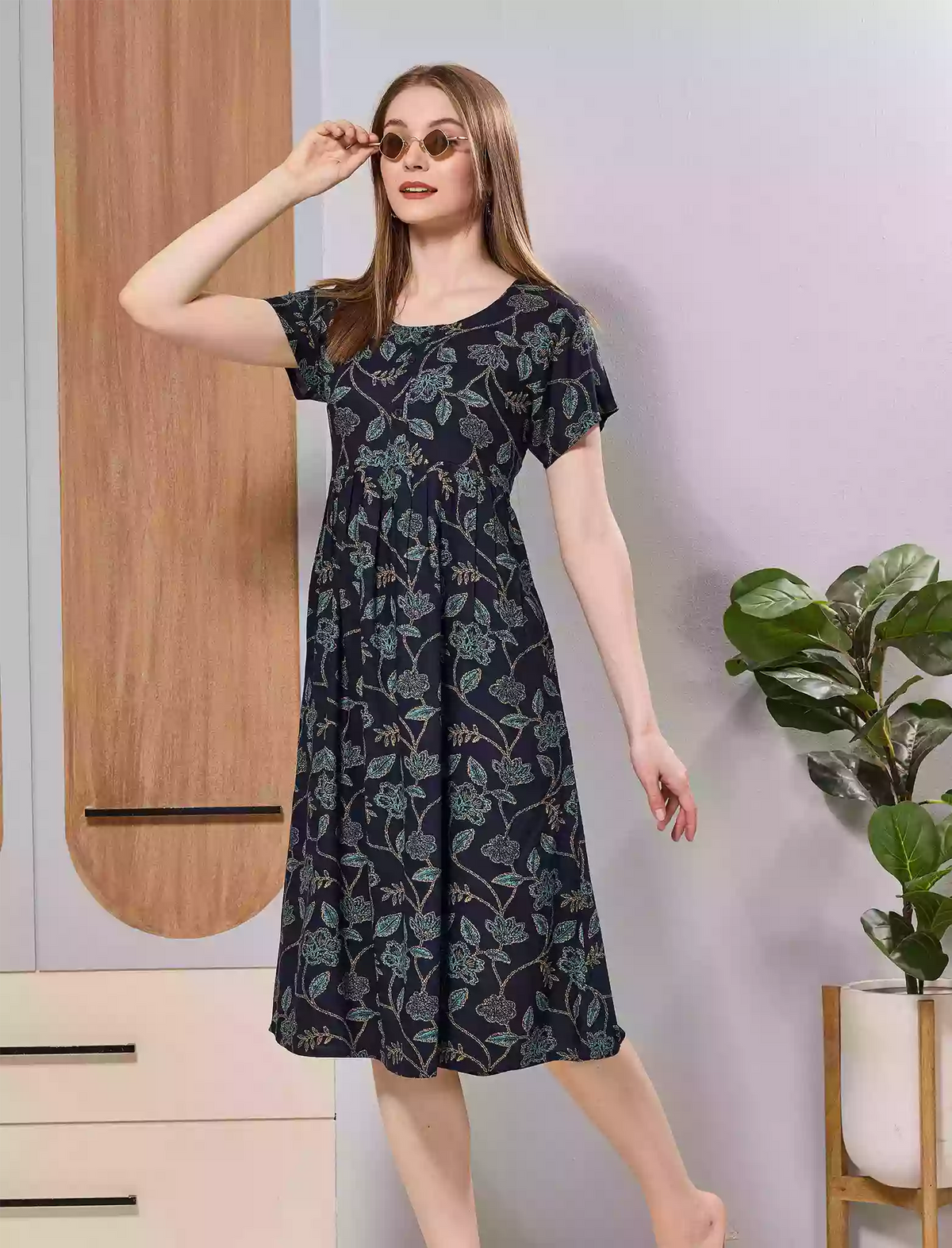 Brown Floral Print Rayon Maxi Frock | Front Button Side Pocket - Mangai Nighties