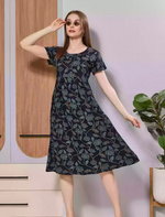 Brown Floral Print Rayon Maxi Frock | Front Button Side Pocket - Mangai Nighties