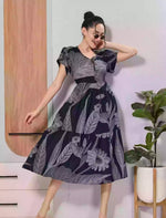 Dark Blue Floral Rayon Zipless Maxi with Fancy Neck Bow Design