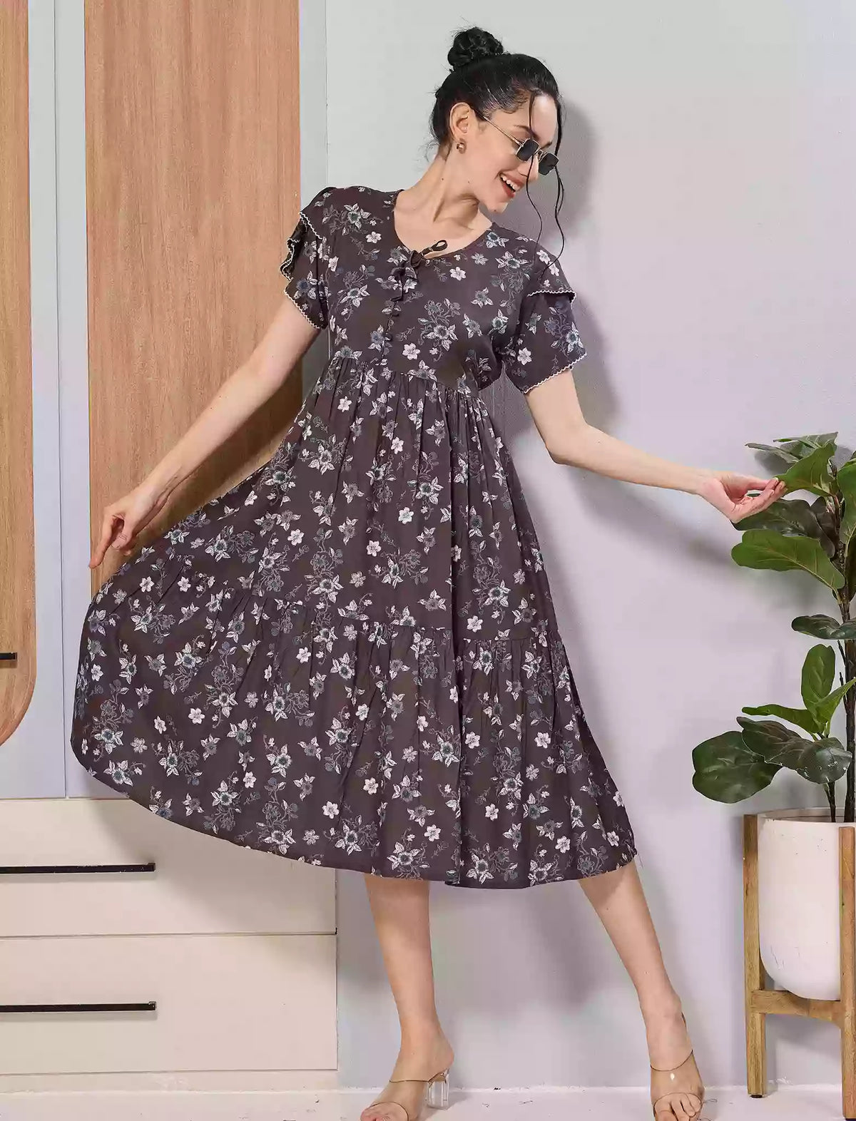 Navy Blue Floral Rayon Maxi Frock Nighty with Pocket - Mangai Nighties