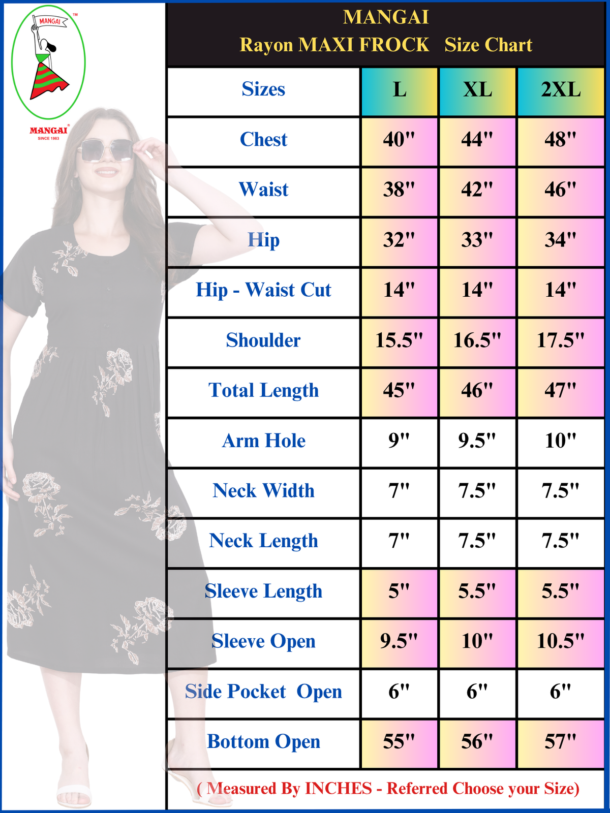 Mangai Rayon Maxi Frock Size Chart by Mangai Nighties