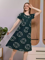 Dark Green Soft Rayon Floral Ring Print Zipless Button-Closed Maxi Frock - Mangai Nighties