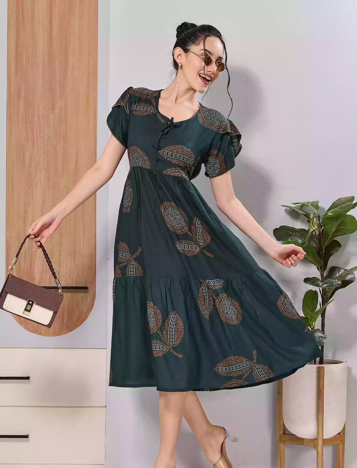 Dark Green Abstract Rayon Flared Zipless Maxi with Back Tie Bow