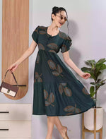 Dark Green Abstract Rayon Flared Zipless Maxi with Back Tie Bow