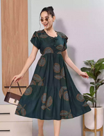 Dark Green Abstract Petal Sleeve Comfortable Rayon Maxi Dress